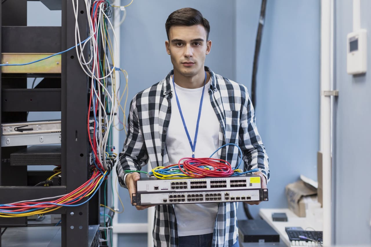 Engineer holding the replaced network switch